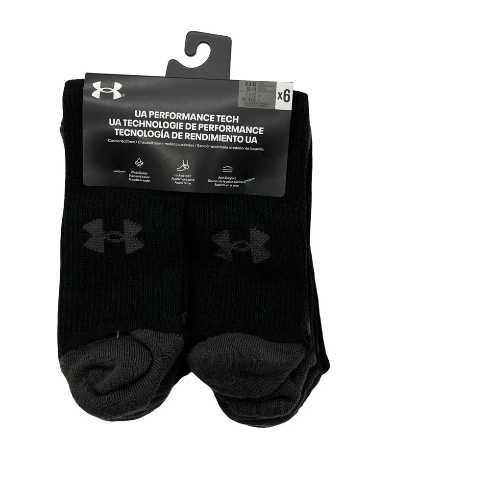 Under Armour Socks Unisex Large Black Performance Tech Crew 5 Pair 1386242-003